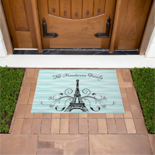 Teal Eiffel Tower Flourish Personalized Door Mat