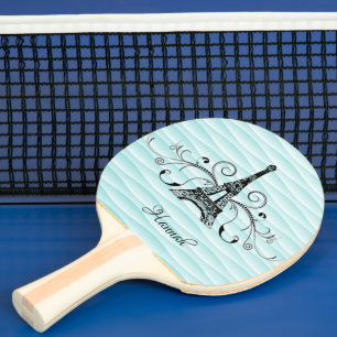 Teal Eiffel Tower Flourish Ping Pong Paddle