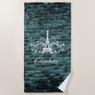 Teal Eiffel Tower Grunge Beach Towel