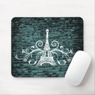 Teal Eiffel Tower Grunge Mouse Pad