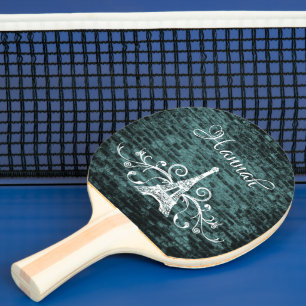 Teal Eiffel Tower Grunge Ping Pong Paddle