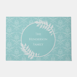 Teal Elegant Damask Personalized Doormat