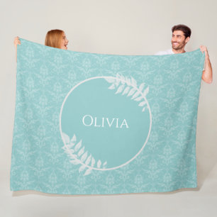 Teal Elegant Damask Personalized Fleece Blanket