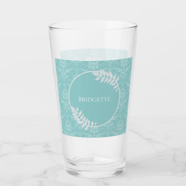 Teal Elegant Damask Personalized Glass (Front)
