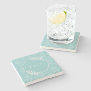Teal Elegant Damask Personalized Stone Coaster