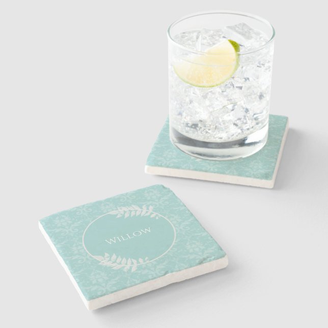 Teal Elegant Damask Personalized Stone Coaster (Side)