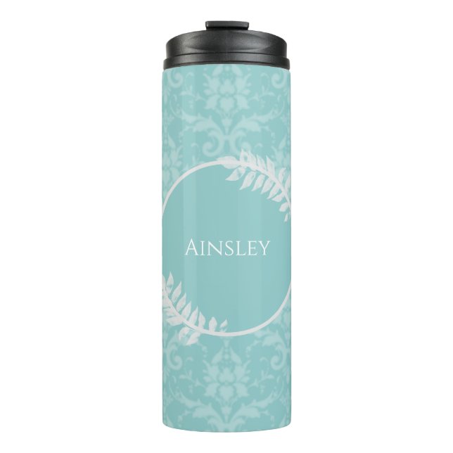 Teal Elegant Damask Personalized Thermal Tumbler (Front)