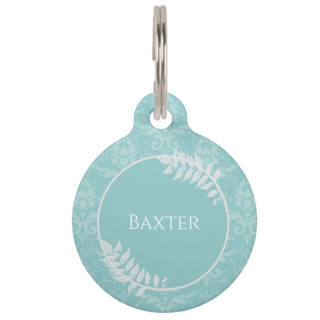 Teal Elegant Damask Round Pet Tag (Front)