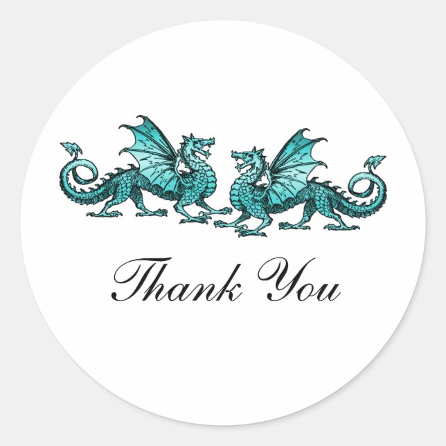 Teal Elegant Dragons Thank You Stickers (Front)