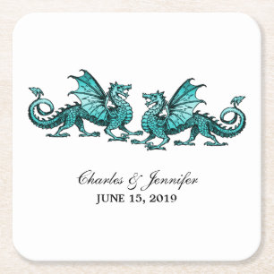 Teal Elegant Dragons Wedding Paper Coasters