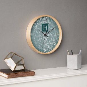Teal Elegant Flourish Monogram Clock