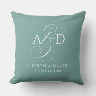 Teal Elegant Initial Script Monogram Wedding Throw Pillow