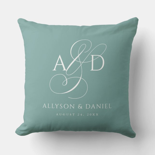 Teal Elegant Initial Script Monogram Wedding Throw Pillow (Front)