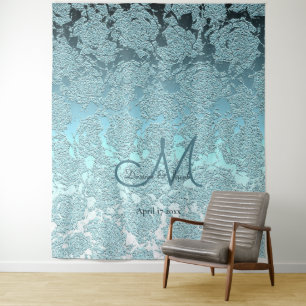 Teal Elegant Monogram Wedding Photo Booth Tapestry