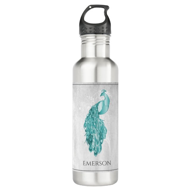 Teal Elegant Peacock Personalized 710 Ml Water Bottle (Front)
