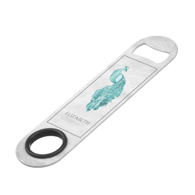Teal Elegant Peacock Personalized Bar Key (Front Angled)