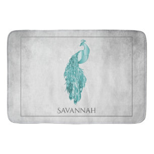 Teal Elegant Peacock Personalized Bath Mat