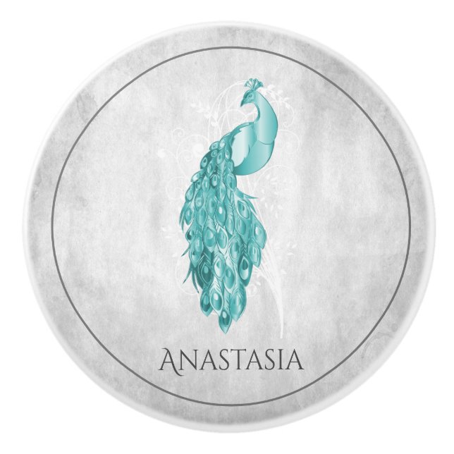 Teal Elegant Peacock Personalized Ceramic Knob (Front)