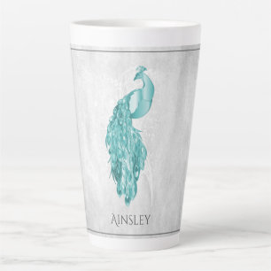 Teal Elegant Peacock Personalized Latte Mug