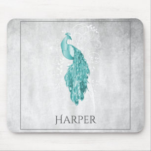 Teal Elegant Peacock Personalized Mouse Pad