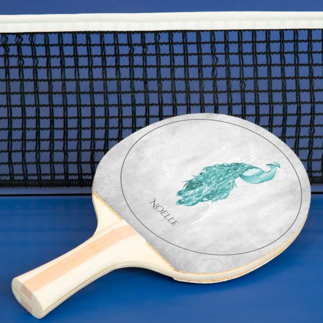 Teal Elegant Peacock Ping Pong Paddle (Insitu)