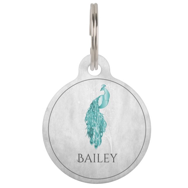 Teal Elegant Peacock Round Pet Tag (Front)