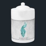 Teal Elegant Peacock Teapot<br><div class="desc">Enjoy your tea with a Teal Elegant Peacock Personalized Teapot. Teapot design features a vibrant peacock adorned with delicate foliage against a light grey grunge background. Additional gift items available with this design as well as a variety of colours.</div>
