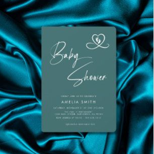 Teal Elegant Script Baby Shower Heart Footprints Invitation