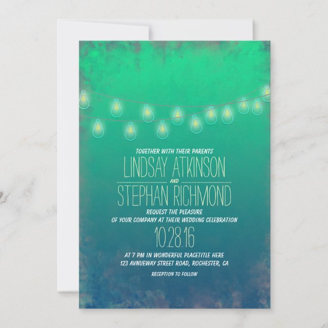 Teal Elegant String Lights Wedding Invitation (Front)
