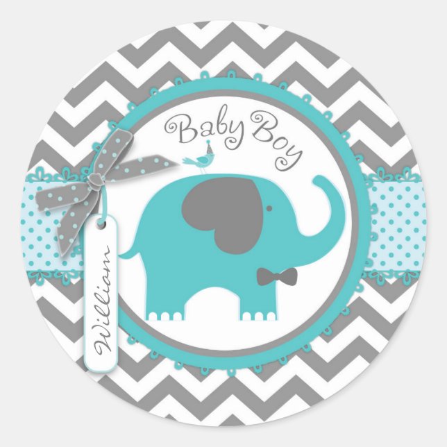 Teal Elephant Bow-tie Chevron Print Baby Shower Classic Round Sticker (Front)