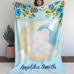 Teal Elephant Crescent Moon Personalized Name Fleece Blanket