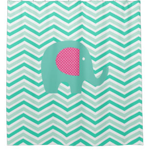 Teal Elephant on Chevron of Teal, Mint, White