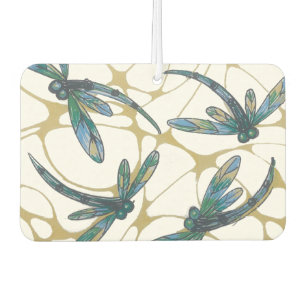 Teal & Emerald Dragonflies on Retro Yellow Groove Air Freshener
