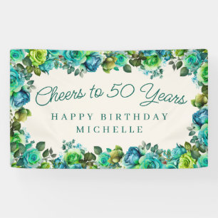 Teal Emerald Green Floral Cheers to 50 Birthday Banner