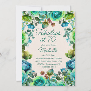 Teal Emerald Green Floral Fabulous 70 Birthday Invitation