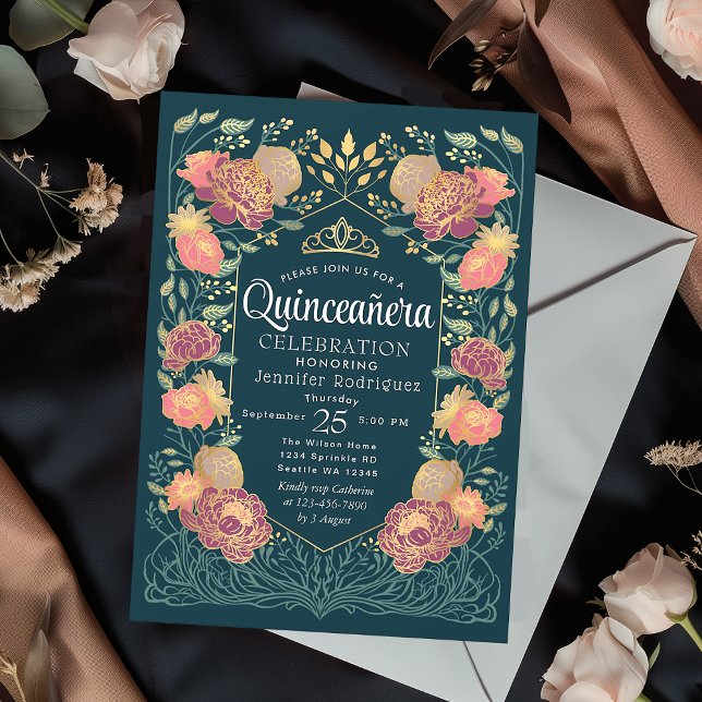 Teal Enchanted Garden Floral Quinceanera  Invitation (Creator Uploaded)