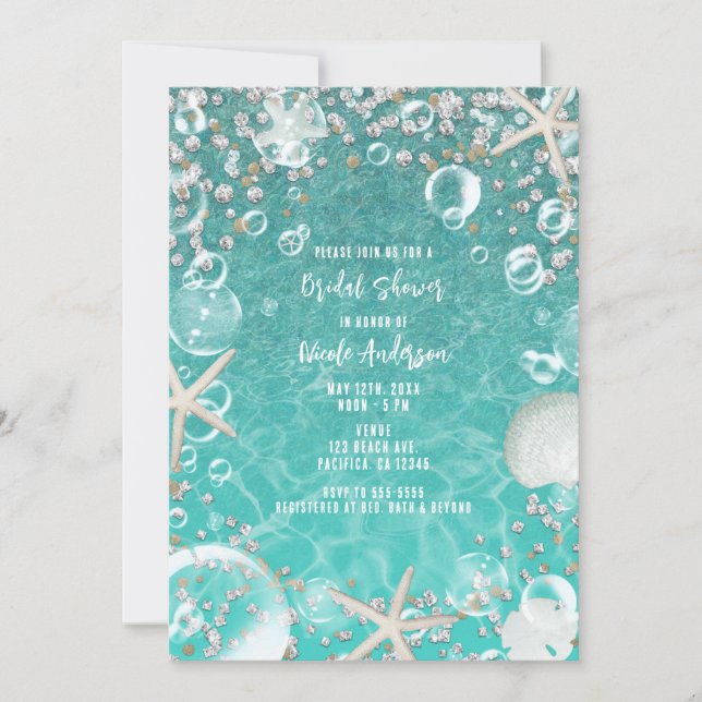 Teal Enchanted Sea Starfish & Bubbles Bridal Invitation (Front)