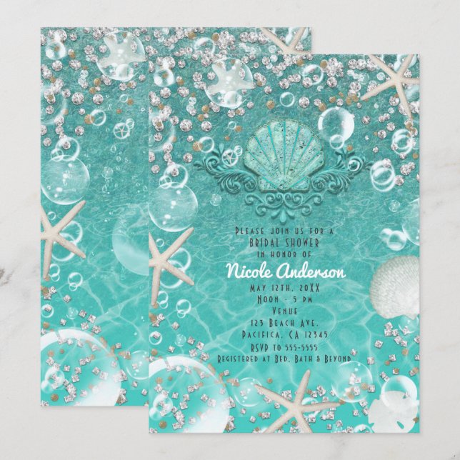 Teal Enchanted Sea Starfish & Bubbles Invitation (Front/Back)