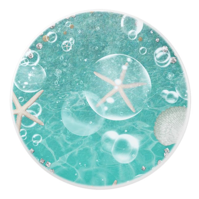Teal Enchanted Sea Starfish & Bubbles Ocean Beach Ceramic Knob (Front)