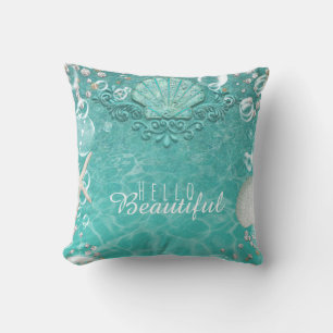 Teal Enchanted Sea Starfish & Bubbles Ocean Beach Throw Pillow