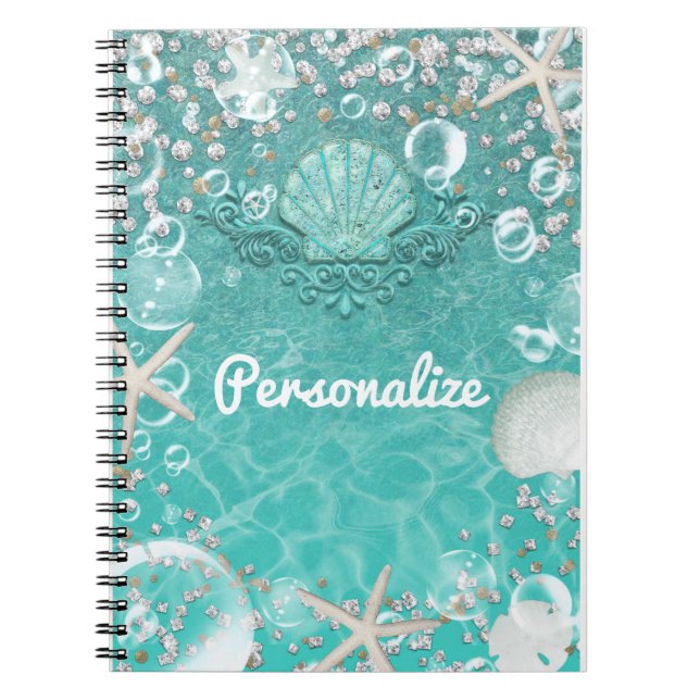Teal Enchanted Sea Starfish & Bubbles Ocean Glam Notebook (Front)