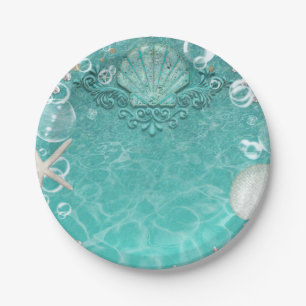 Teal Enchanted Sea Starfish & Bubbles Ocean Party Paper Plate