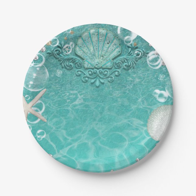 Teal Enchanted Sea Starfish & Bubbles Ocean Party Paper Plate (Front)