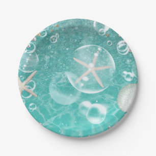 Teal Enchanted Sea Starfish & Bubbles Ocean Party Paper Plate