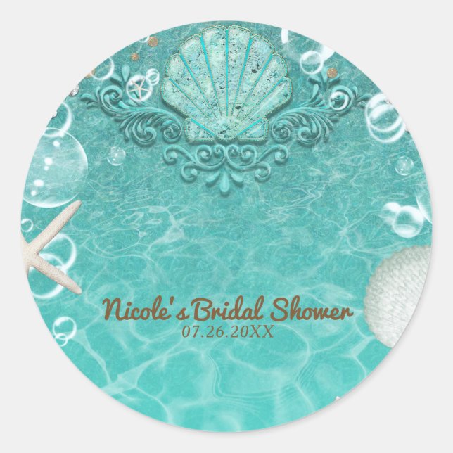 Teal Enchanted Sea Starfish & Bubbles Party Favour Classic Round Sticker (Front)