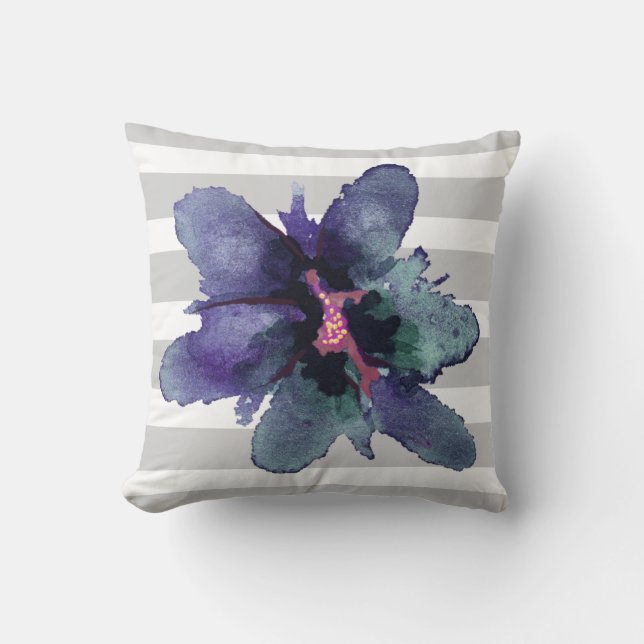 Teal et coussin floral d'aquarelle rayée grise (Recto)