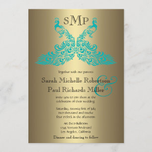 Teal et invitations de mariage de paon d'or