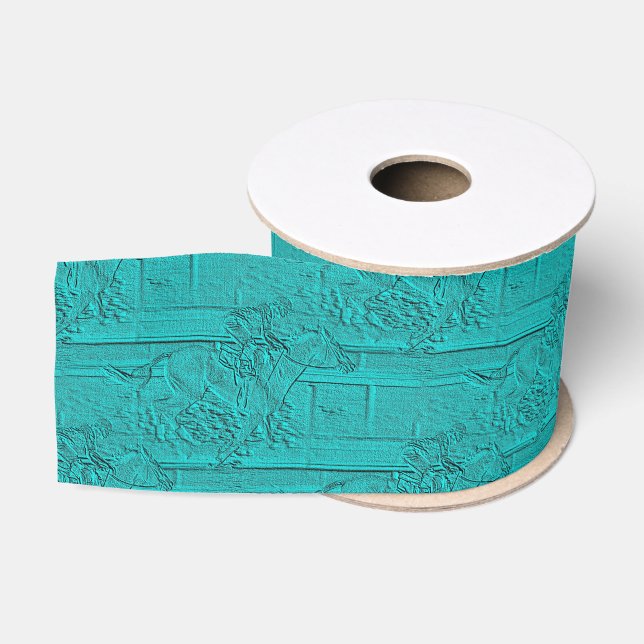 Teal Etched Look Horse Racing Silhouette Grosgrain Ribbon (Spool)