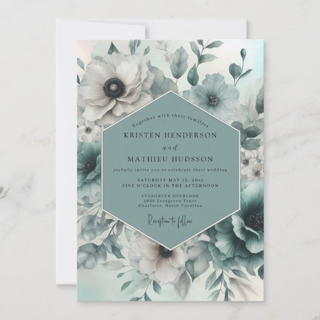 Teal Ethereal Bloom Wedding Invitation (Front)