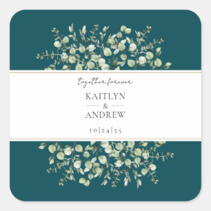 Teal Eucalyptus Together Forever Wedding  Square Sticker